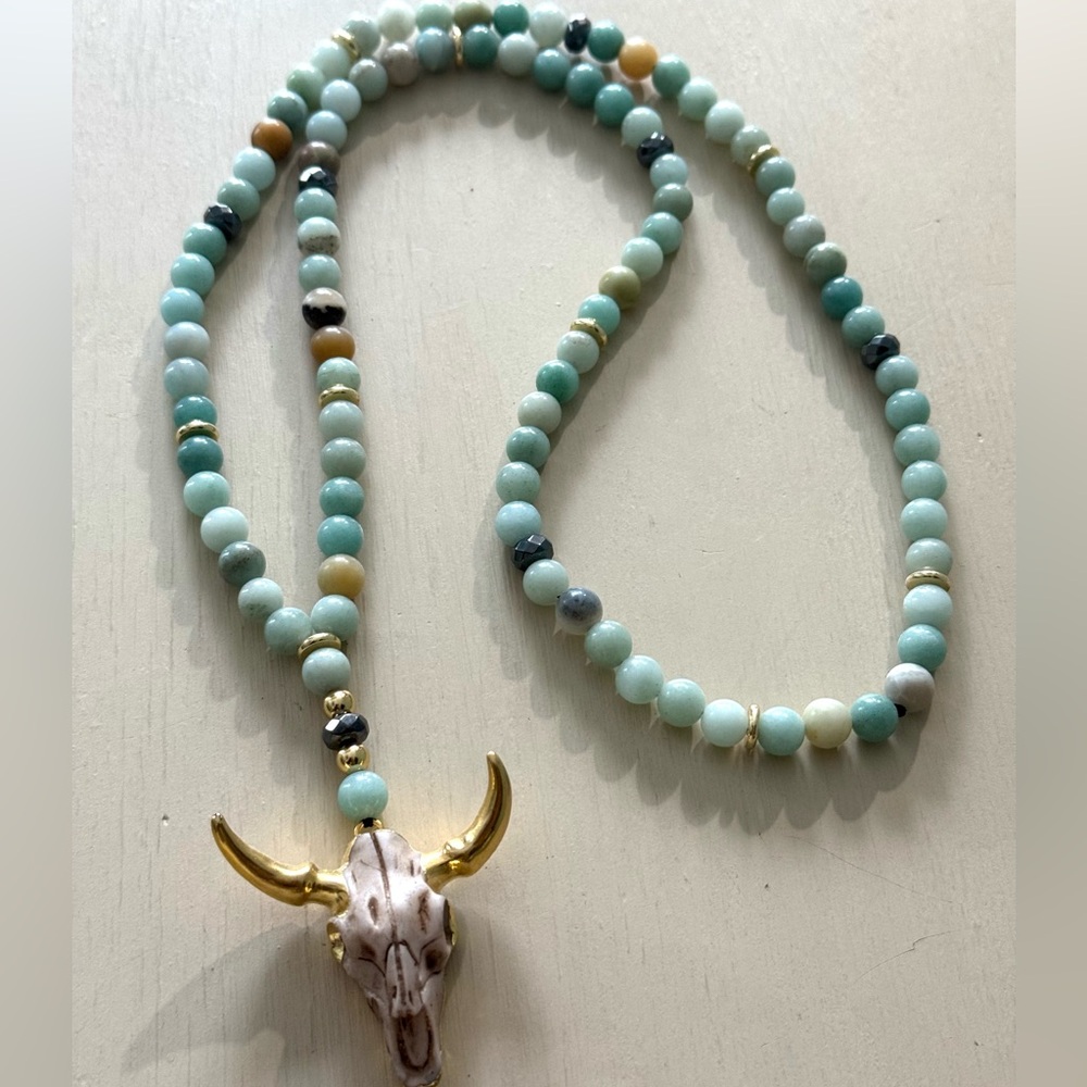 Easton Elle Enzo Amazonite Beaded Necklace with Bull skull  Pendant